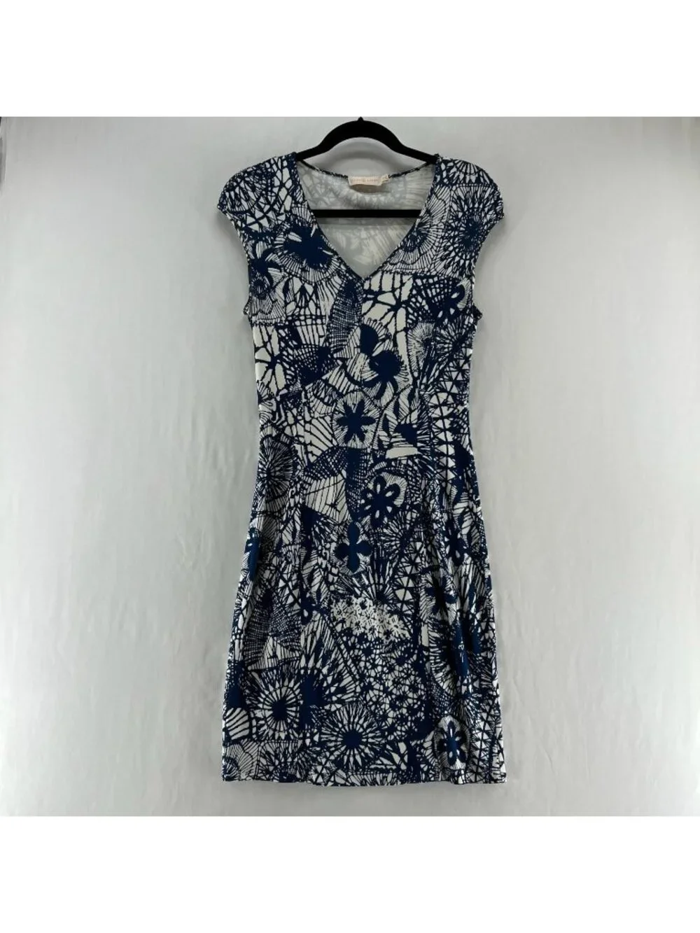 Tory Burch Dream Catcher V-Neck Sheath Dress Women XS Baltic Graphic Jersey Blue